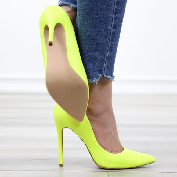 Neon Yellow Faux Leather Pointy Toe High Heels - Picture 3 of 14